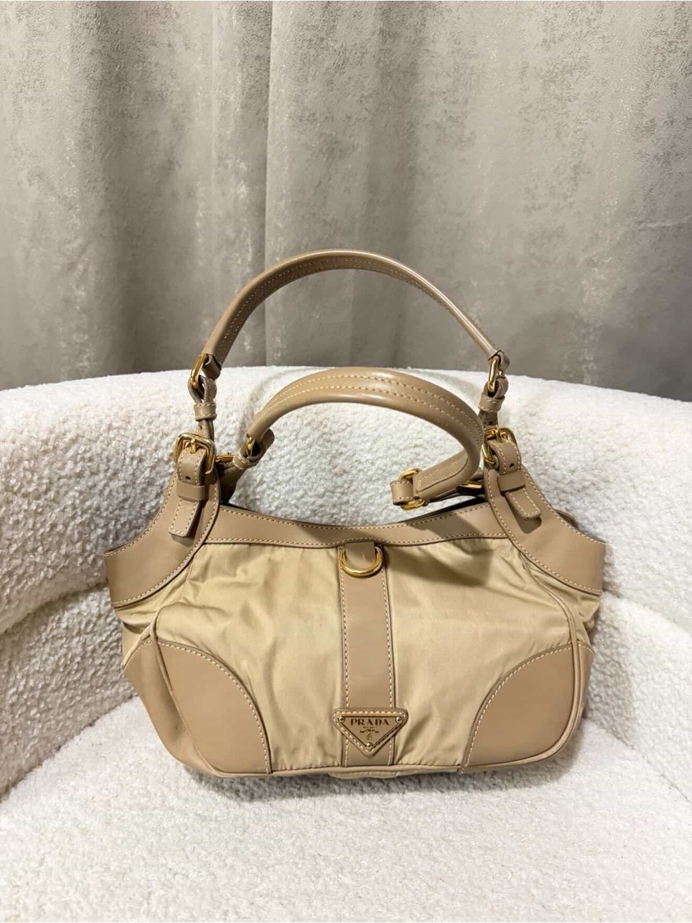 Prada Beige Nylon and Leather Shoulder Bag with Gold Hardware